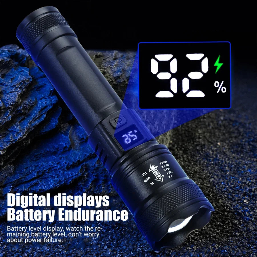 High Strong Power Led Flashlights 2000LM Tactical Torch with Display Light USB Charging Camping Fishing Emergency Zoom Lantern